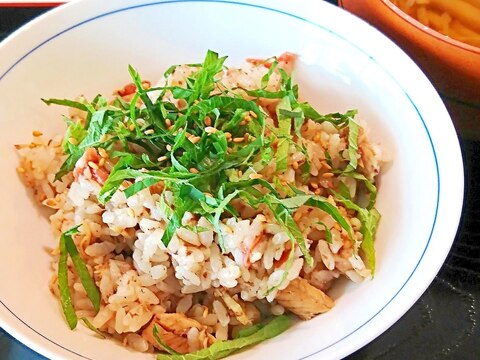 いわしの水煮缶で　いわしの梅しそ混ぜご飯